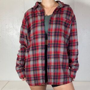 Eddie Bauer Red + Navy + Gray Classic Plaid Button Down Flannel
